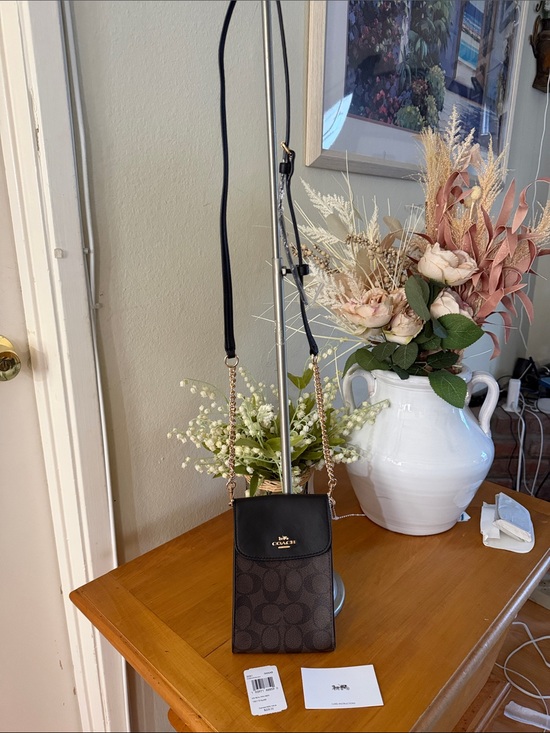 Coach Handbags - Coach Black Leather & C Pattern Brown Signature Crossbody Phone Pouch